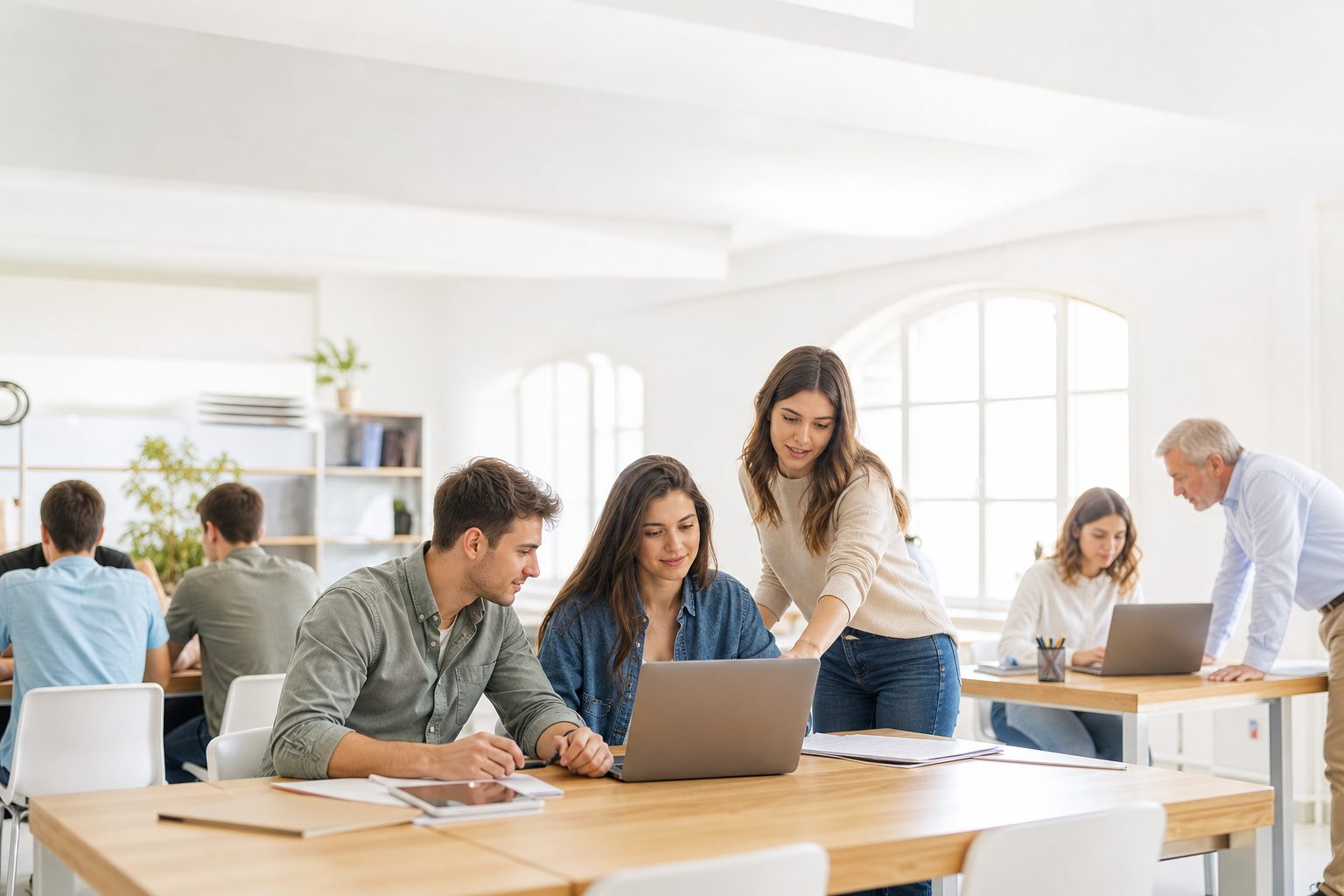 Due studenti al computer in uno spazio di lavoro luminoso, affiancati da una tutor che segue il loro percorso