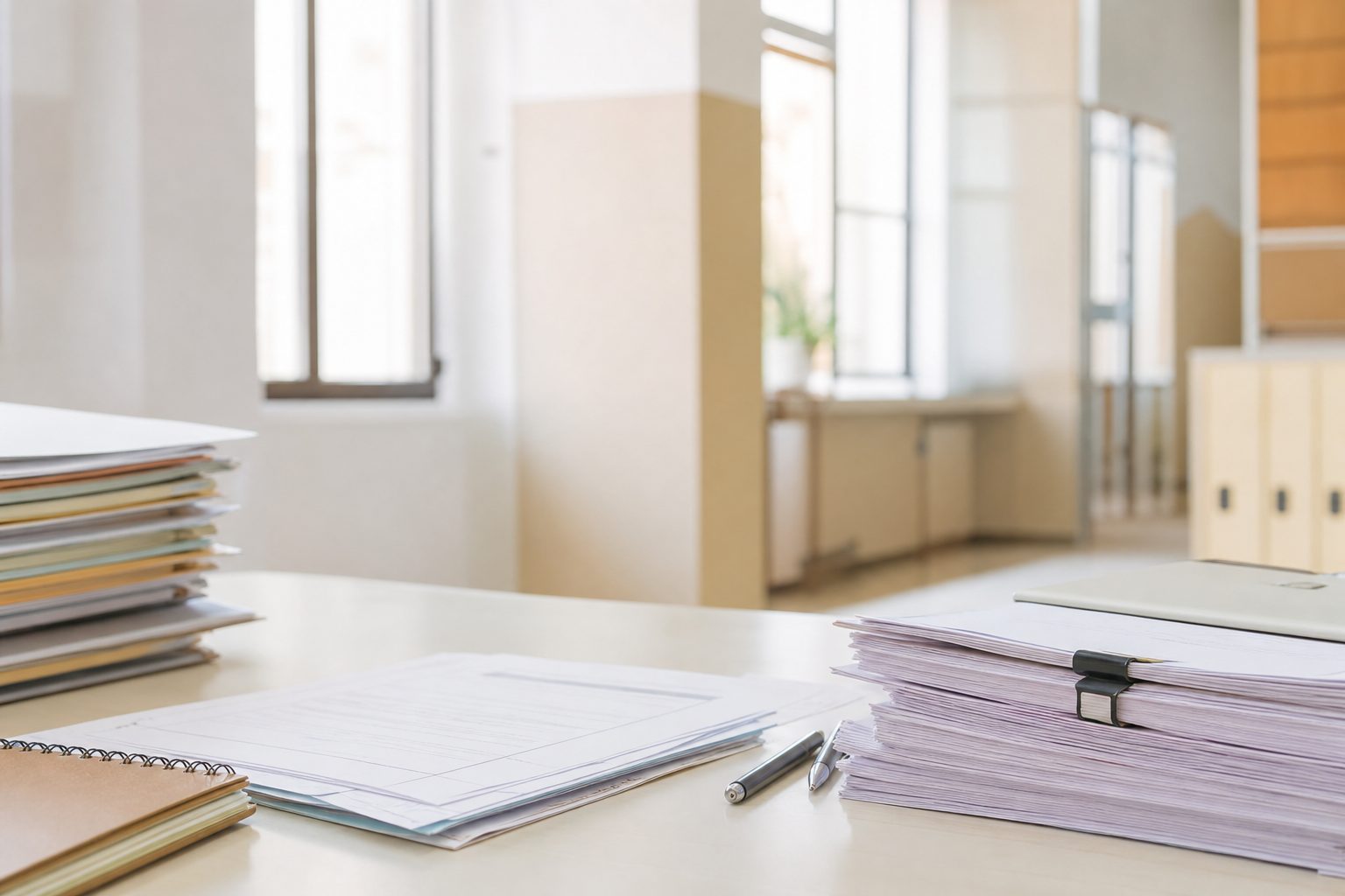 Postazione di lavoro ordinata con monitor e due schermi accesi sopra una scrivania